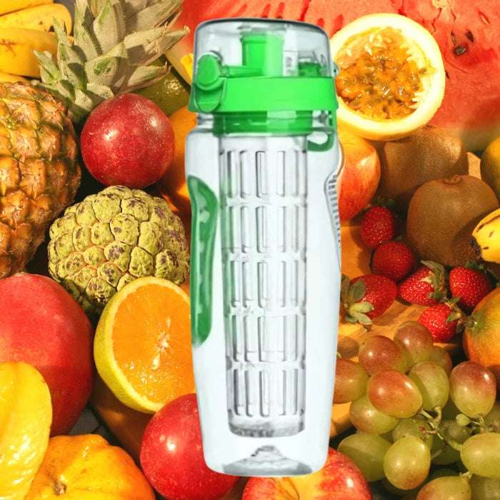  Clear plastic fruit infuser water bottle surrounded by fresh tropical fruits for natural flavored water detox drinks