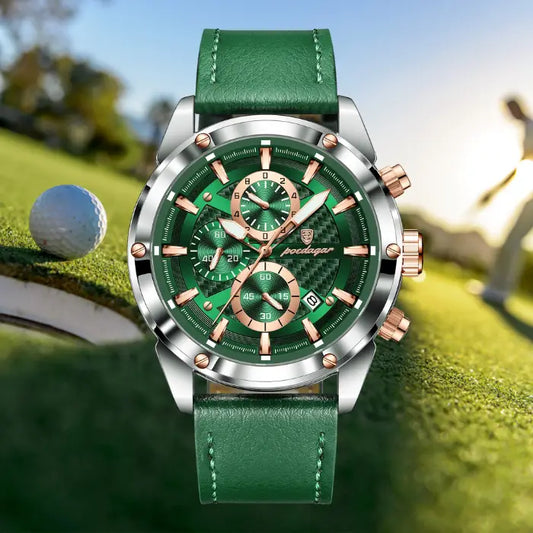 High-end leather watch with a green strap, rose gold accents, and chronograph features, showcased on a golf course background.