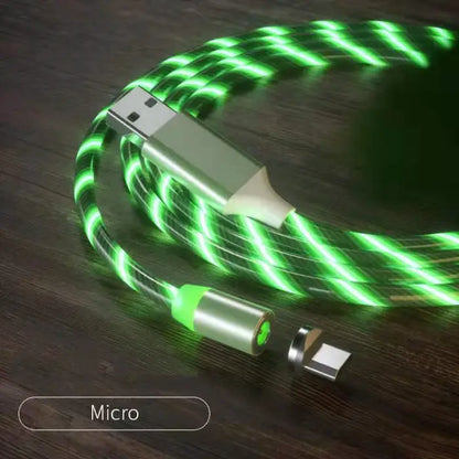 Green LED magnetic USB cable with Micro USB connector, perfect for glowing and efficient charging.