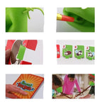 Step-by-step assembly guide showing how to attach red tongue piece to green lizard mouth toy components