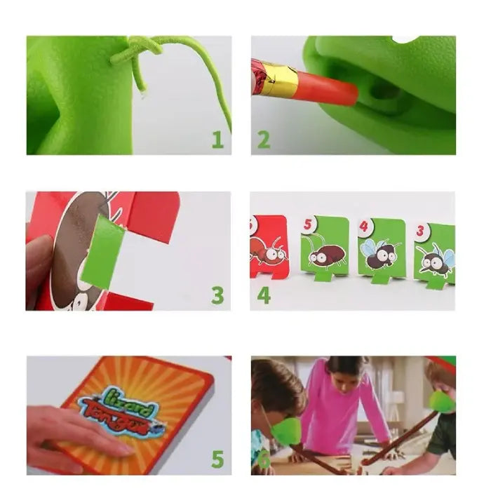 Step-by-step assembly guide showing how to attach red tongue piece to green lizard mouth toy components