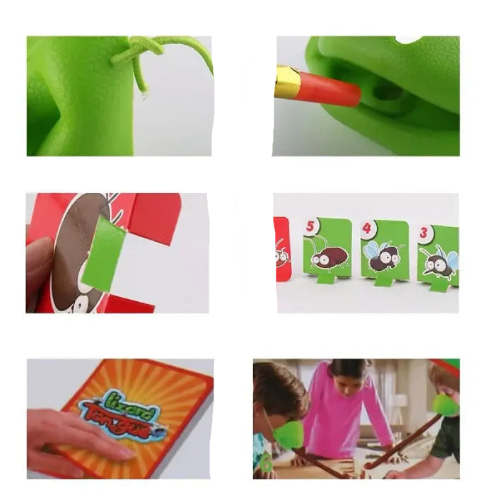 Step-by-step assembly guide showing how to attach red tongue piece to green lizard mouth toy components