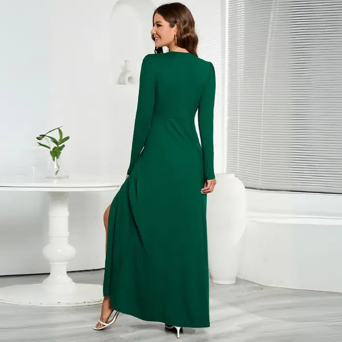 Green long sleeve V-neck maxi dress with a back view and a front slit design.