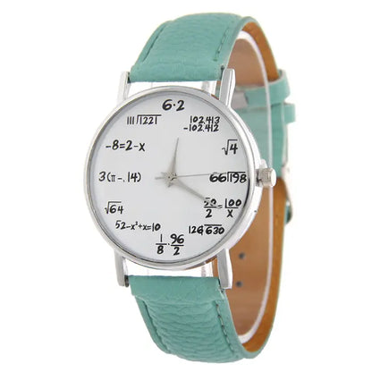 Analog wristwatch with green strap and mathematical equations design on the white dial for math lovers.