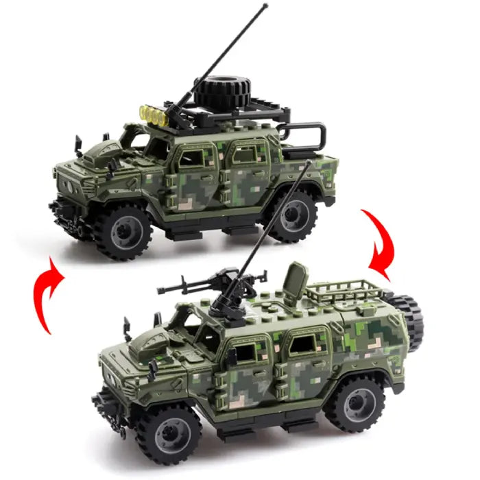 Green camouflage military toy vehicle with antennas and modular design for customization.