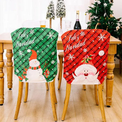 Festive green plaid chair cover with smiling snowman design and "Feliz Navidad" text, featuring white snowflakes holiday decor