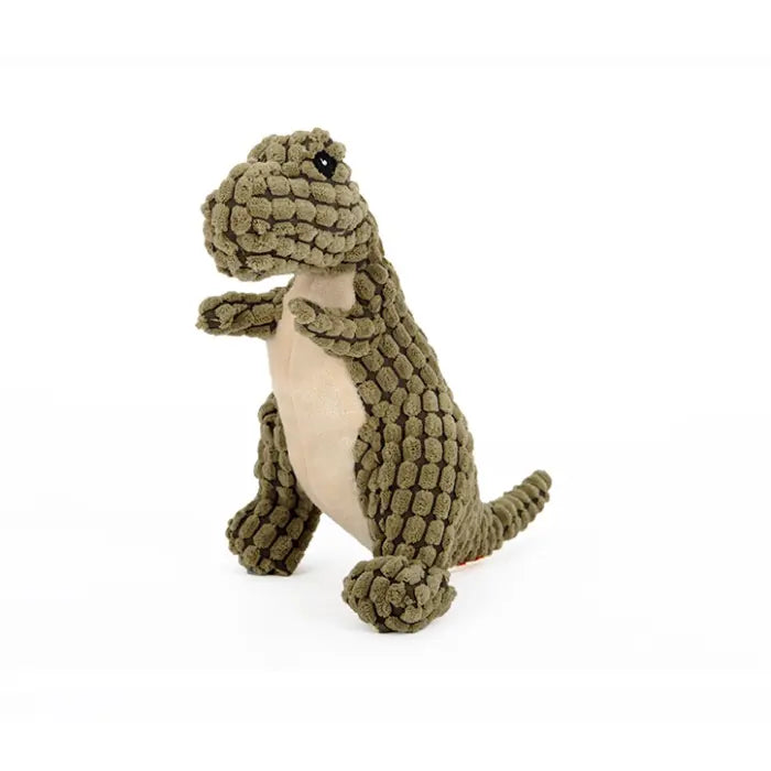 A soft green plush dinosaur toy featuring a T-Rex design with a textured finish.