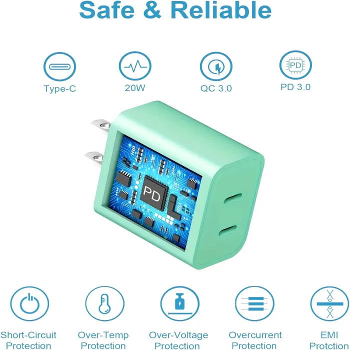 20W USB charger with PD 3.0 and QC 3.0, featuring multiple protection layers for safe and reliable charging.