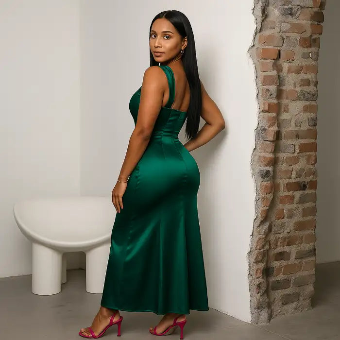 green satin one-shoulder prom gown with a fitted back design, paired with pink heels, in a modern interior setting.