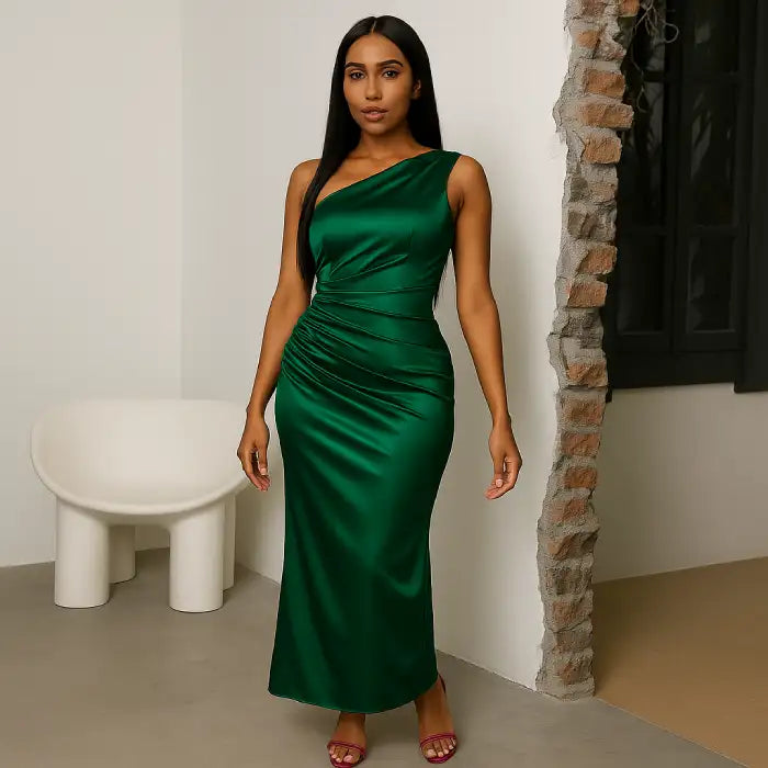 green satin one-shoulder prom gown with a sleek ruched front design, styled with pink heels in a minimalist setting.