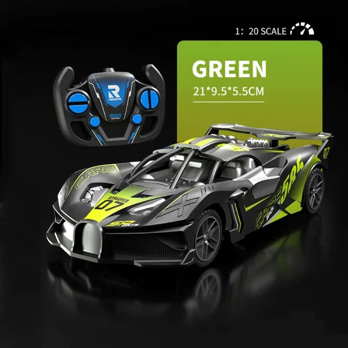 Small green remote control racing car with bright details and matching remote controller.