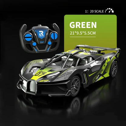 Small green remote control racing car with bright details and matching remote controller.