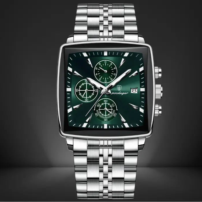 green chronograph watch with a square dial, stainless steel band, and luminous hands for added style