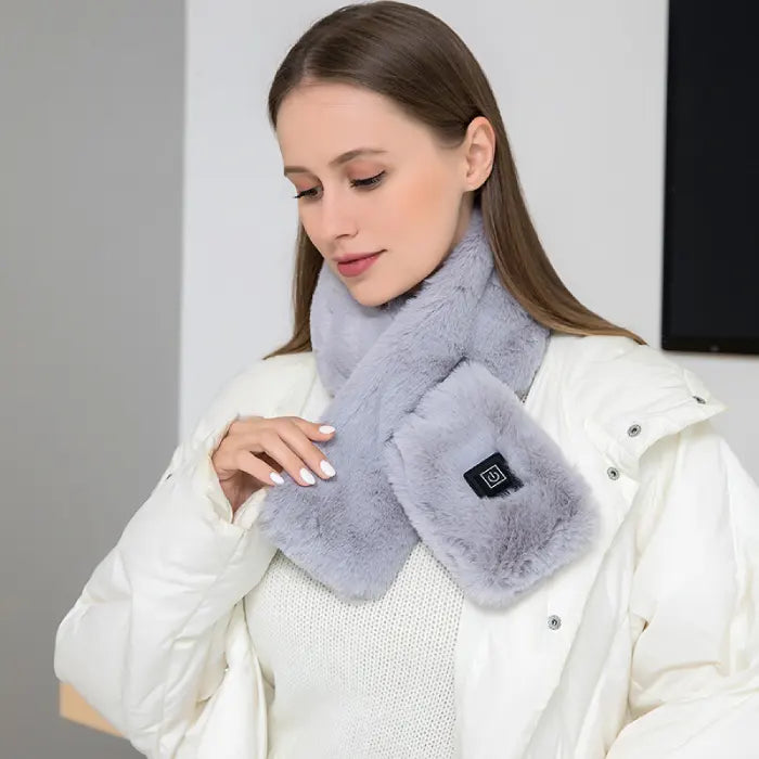 Light grey heated scarf with soft-touch fabric, perfect for cozy warmth during cold winter days.