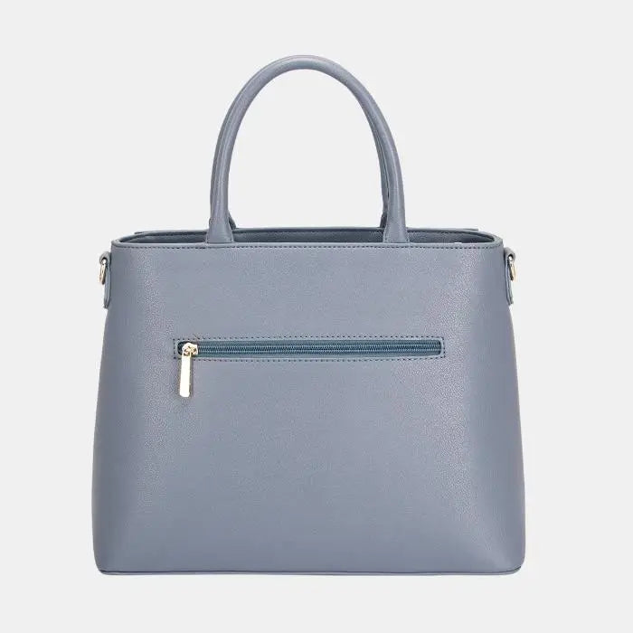  Back view of grey leather tote showing exterior zipper pocket with silver pull