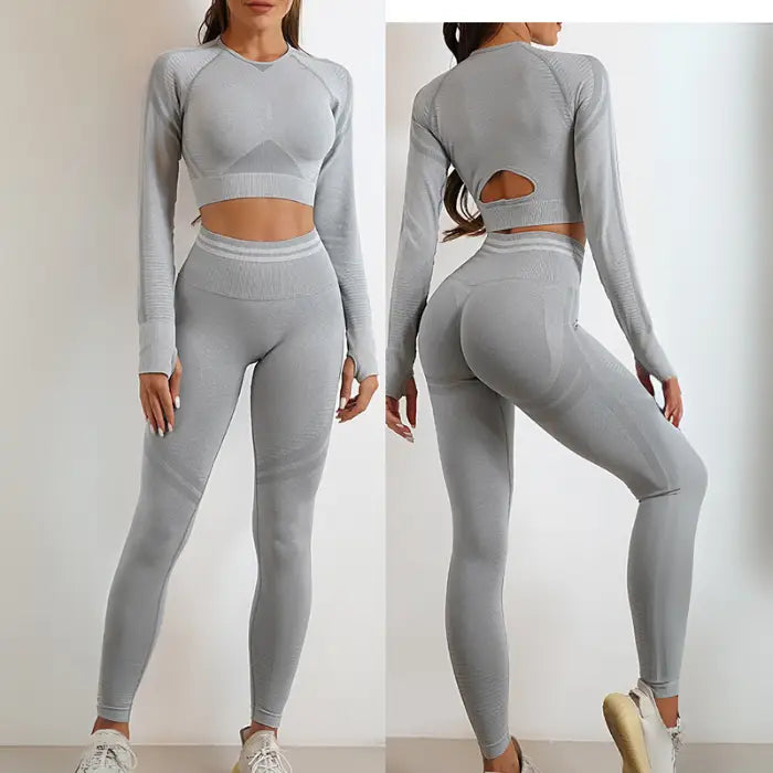 Grey seamless activewear set with crop top and leggings shown front and back