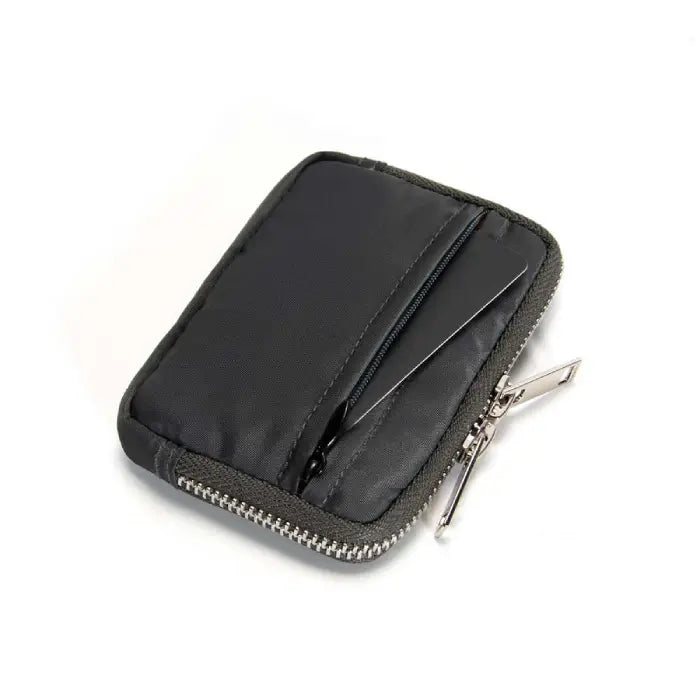 Grey wallet with card pocket and sturdy zipper, ideal for convenient and secure card storage.