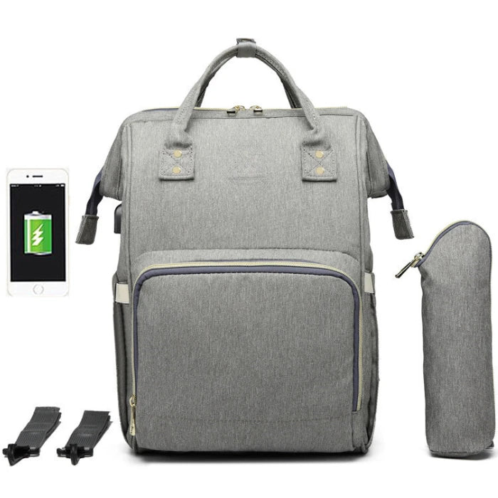 Spacious grey diaper bag backpack with USB charging port, insulated bottle holder and stroller straps for convenient travel