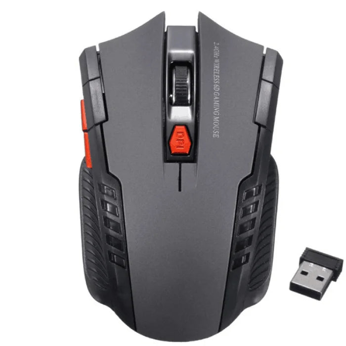 grey 2.4g wireless mouse with red buttons and usb dongle