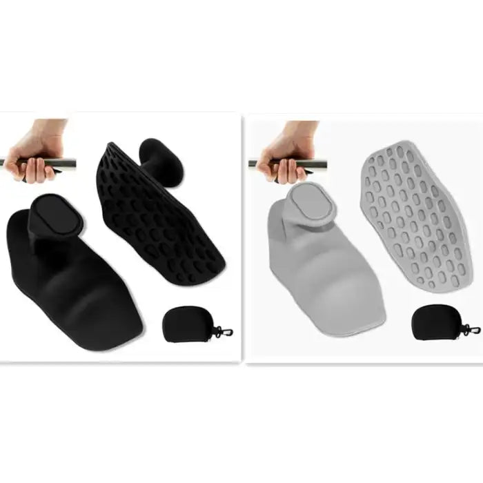  Grip Strengthener in black and gray shown with carrying cases and hand grip on metal bar.