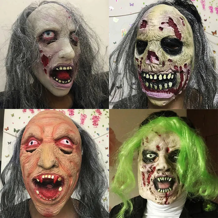 Four gruesome costume masks featuring zombie faces with rotting skin, blood, and wild hair.