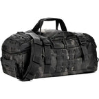 Gym duffel bag in black camo with reinforced straps and front MOLLE webbing