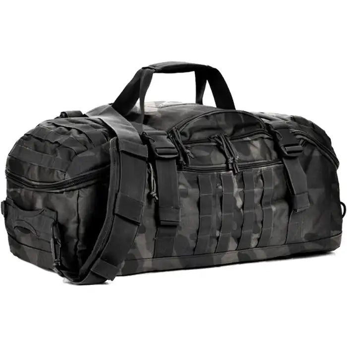 Gym duffel bag in black camo with reinforced straps and front MOLLE webbing