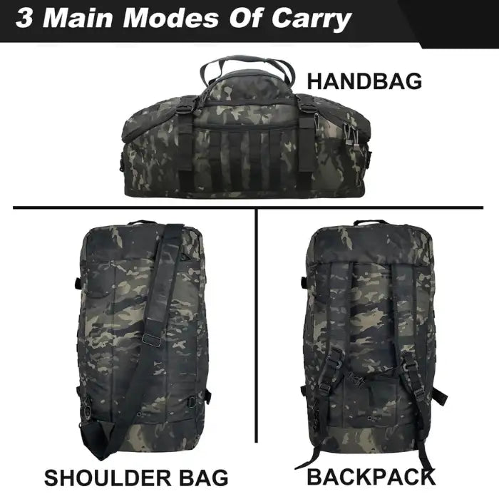 Gym duffel bag with three carry styles—handbag, shoulder strap, and backpack mode