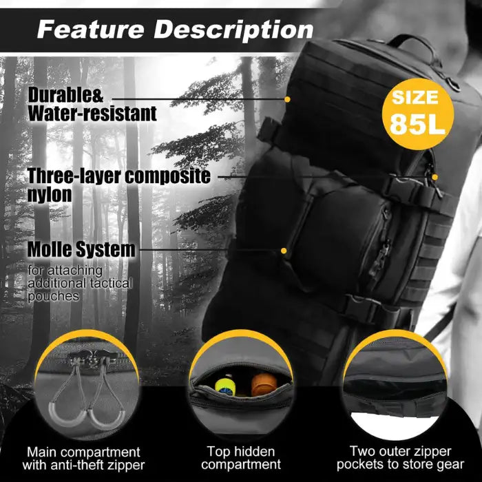 Gym duffel bag with MOLLE system, anti-theft zippers, and top hidden compartment
