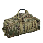 Gym duffel bag in tan camouflage with tactical straps and heavy-duty handles