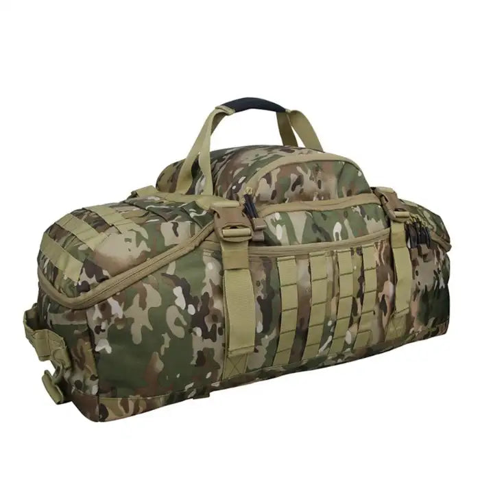 Gym duffel bag in tan camouflage with tactical straps and heavy-duty handles