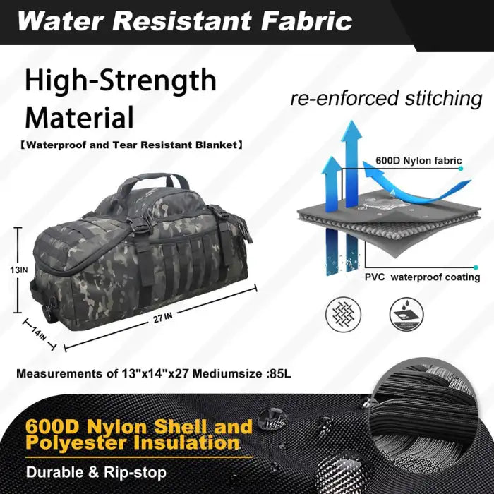 Gym duffel bag made of waterproof 600D nylon with 85L capacity and PVC coating