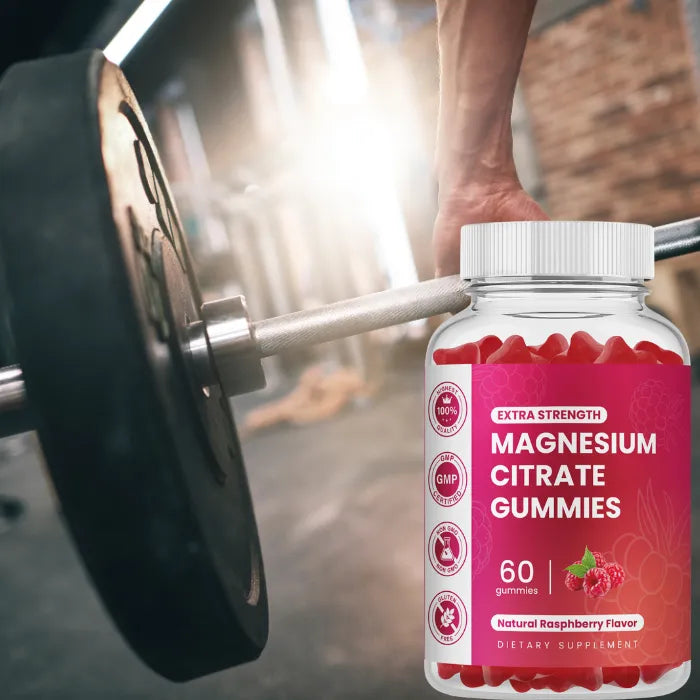 Magnesium citrate gummies for muscle recovery and gym performance, raspberry flavor, 60-count dietary supplement.