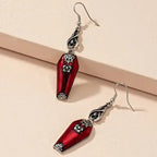 Halloween Blood Coffin Earrings with spider web and bat detail, gothic red and silver dangle design