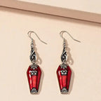 Halloween Blood Coffin Earrings featuring gothic black metal accents and detailed bat and web design