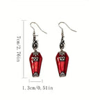 Halloween Blood Coffin Earrings displayed with measurements, 7cm long and 1.3cm wide in red and silver