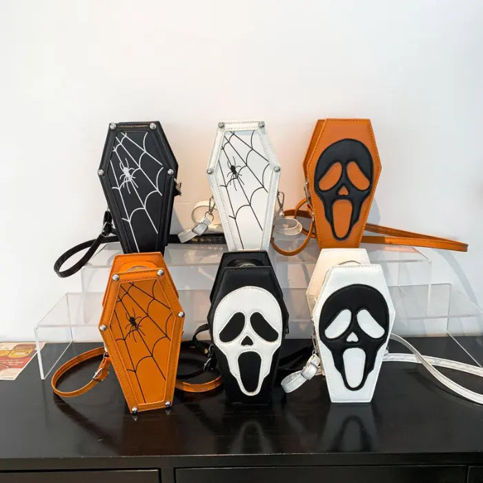 Halloween Coffin-shape Shoulder Bag Gothic collection with spiderweb and scream face styles in multiple colors