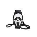 Halloween Coffin-shape Shoulder Bag in black with white scream face featuring long black strap