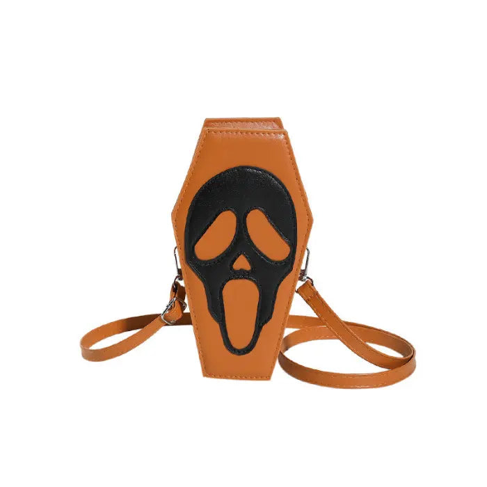 Halloween Coffin-shape Shoulder Bag in orange with black scream face and matching crossbody strap