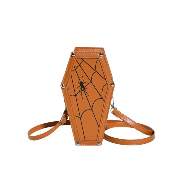  Halloween Coffin-shape Shoulder Bag in orange with black spiderweb print and structured coffin silhouette