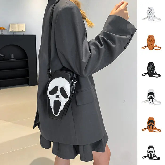 Halloween Coffin-shape Shoulder Bag with white scream face and black crossbody strap in gothic style