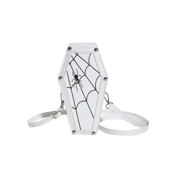 Halloween Coffin-shape Shoulder Bag in white with black spiderweb and crossbody strap for spooky gothic fashion