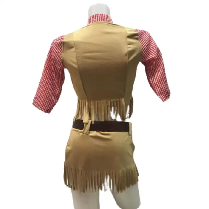Halloween Cowgirl outfit showing back fringe detail on skirt and vest with red checkered sleeves.