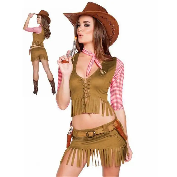 Halloween Cowgirl outfit with suede fringe skirt, red checkered top, and brown hat for costume parties.