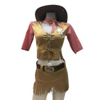 Halloween Cowgirl outfit featuring sheriff badge, fringe vest, red checkered shirt, and matching brown hat.