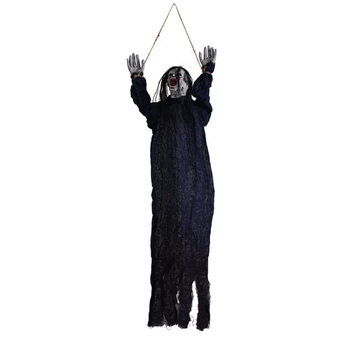 Halloween Decor Hanging Ghoul in black robe with arms raised and ghostly face on white background.