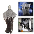 Halloween decoration set showing three views of hanging ghost reaper prop with tattered black and gray fabric