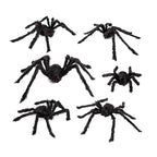 Halloween decoration set with six black spiders in various sizes with red eyes and fuzzy texture