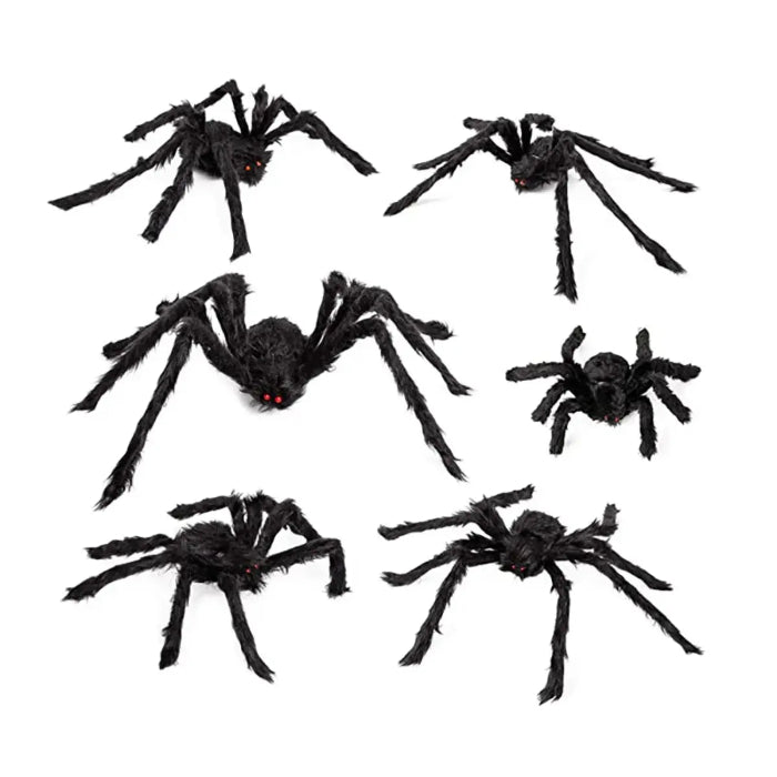Halloween decoration set with six black spiders in various sizes with red eyes and fuzzy texture