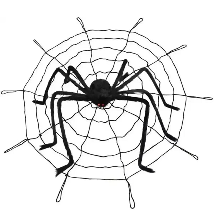 Halloween decoration black spider attached to large web with simple symmetrical pattern